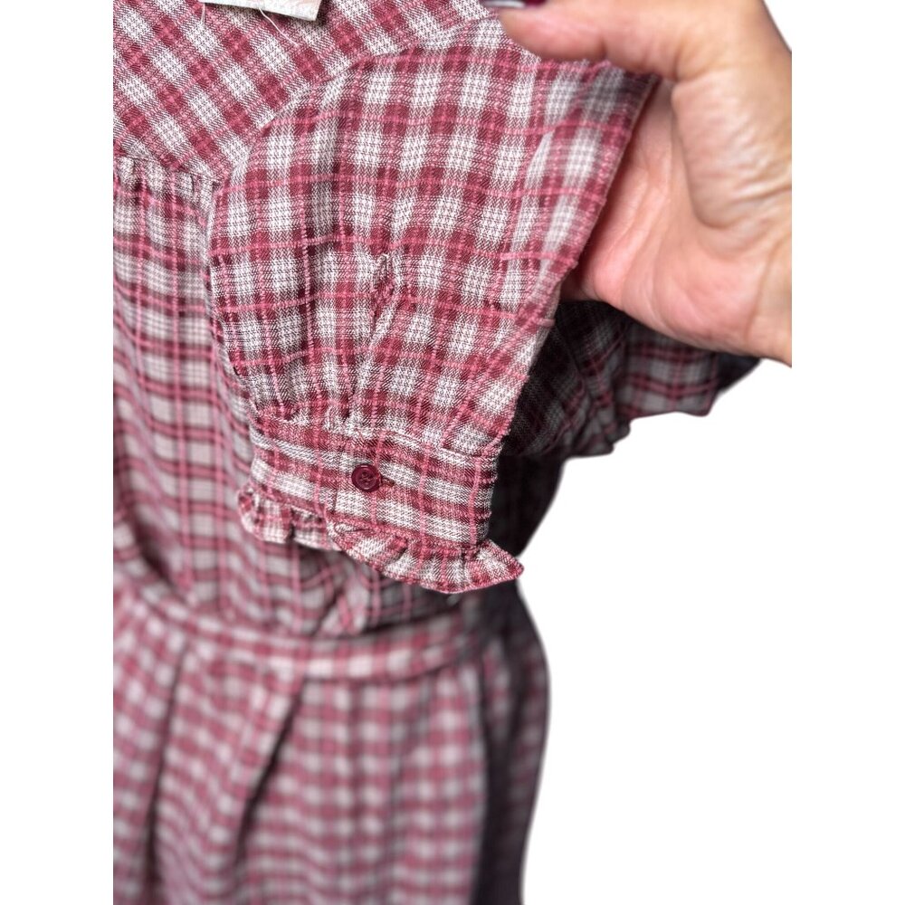 NEW Hem & Thread Womens M Plaid Shirtdress Ruffle Pink White Botton Long Sleeve - Picture 4 of 15